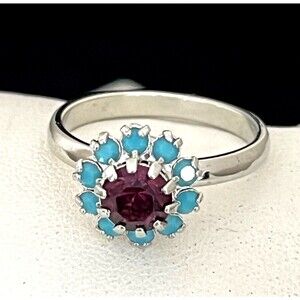 Vintage Ring Silver Tone Prong Set Turquoise Rhinestones Mid Century Modern 4J